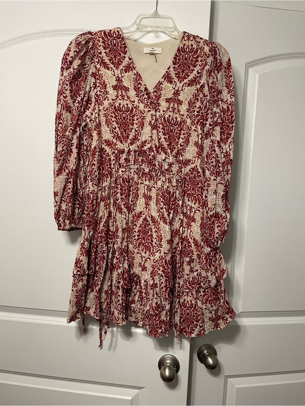 Red and Cream Damask V-Neck Tiered Long Sleeve Dress